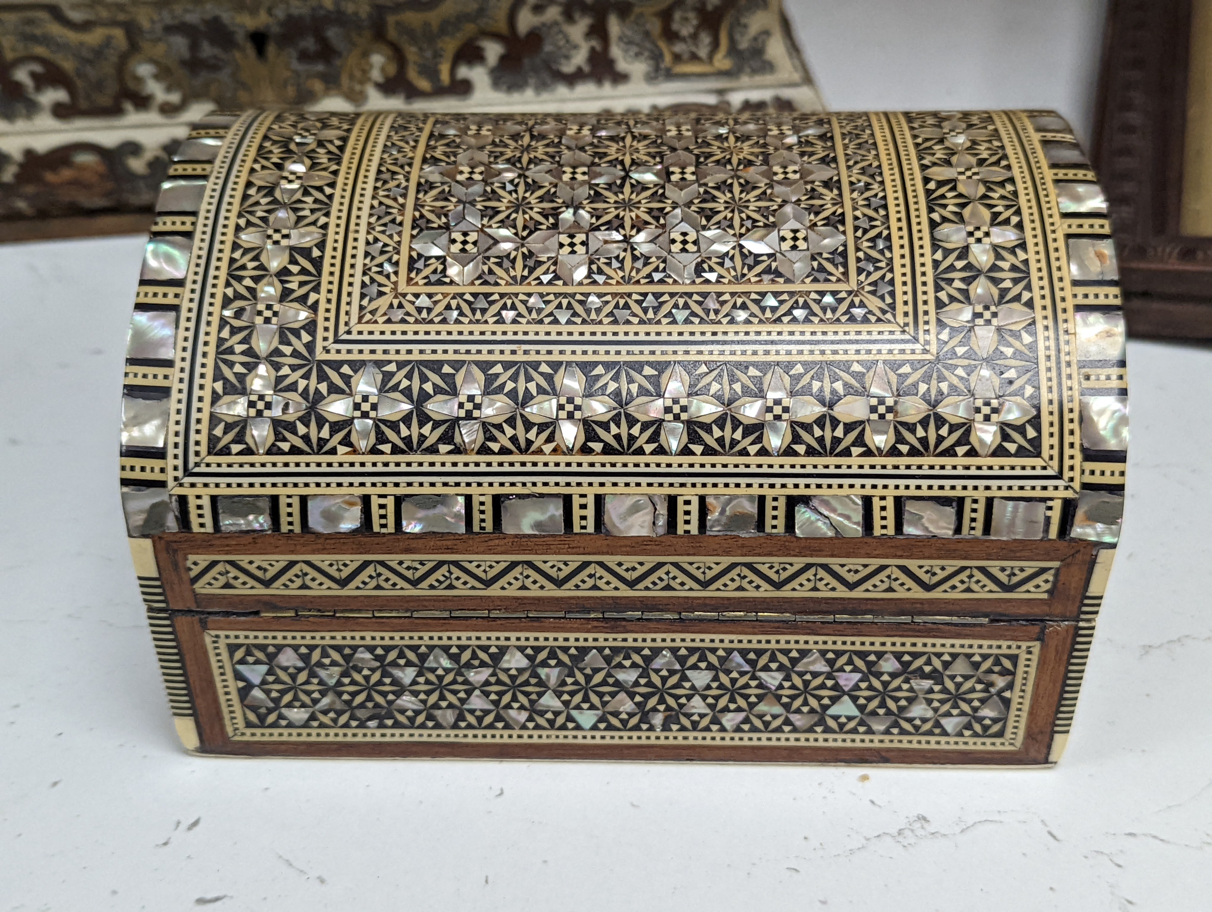 A 19th century French cut brass pewter and ivory inlaid jewellery box, h 10cm, 27 x 19cm, together with a parquetry box (2)